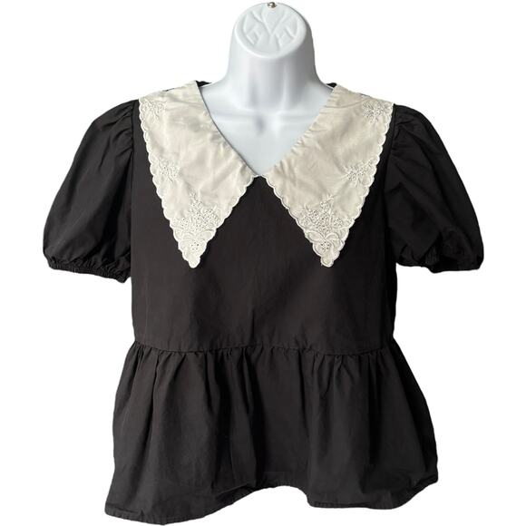 DAZY contrast lace Peter Pan collar peplum blouse black white puff sleeve L - Picture 1 of 6